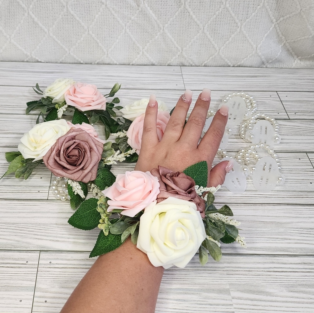 4 Wrist corsages with foam roses and pearl bracelet